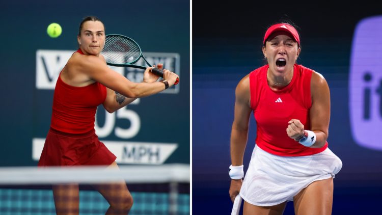 Split image of Aryna Sabalenka returns a shot against Jasmine Paolini of Italy in the women's semifinal on Day 10 of the Miami Open at Hard Rock St...