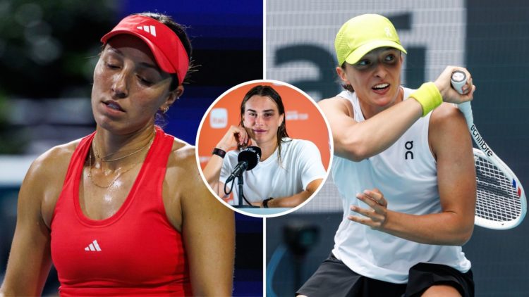Split image of Jessica Pegula of the United States looks dejected after missing a shot against Emma Raducanu of Great Britain in the quarter finals...