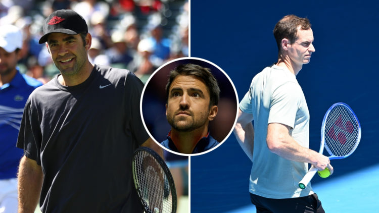 Split of Pete Sampras during their exhibition doubles match against Tommy Haas and John McEnroe on day thirteen of the BNP Paribas Open at the Indi...