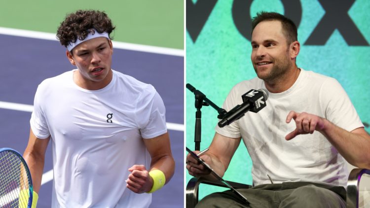 Ben Shelton of the United States celebrates a point against Brandon Nakashima of the United States, and Andy Roddick speaks at the Served live podc...