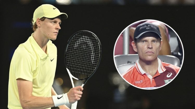 Jannik Sinner of Italy in action against Alexander Zverev of Germany (not seen) during Men's Singles Final at the Australian Open grand slam tennis...