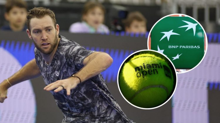 Jack Sock (USA) hits a forehand during the Dallas Open. Inset, the BNP Paribas Open and Miami Open logos.
