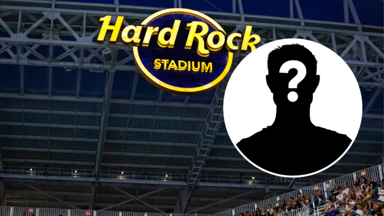 Image of A general view of the Hard Rock Stadium logo above the stadium court during the Miami Open with a mystery player silhouette