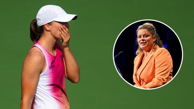 Iga Swiatek of Poland reacts while playing against Mirra Andreeva during the quarter-final on Day Five of the Dubai Duty Free Tennis Championships,...