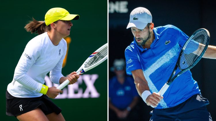 Split image of Iga Swiatek of Poland in action against Qinwen Zheng of China, and Serbian Novak Djokovic pictured in action during a tennis match b...