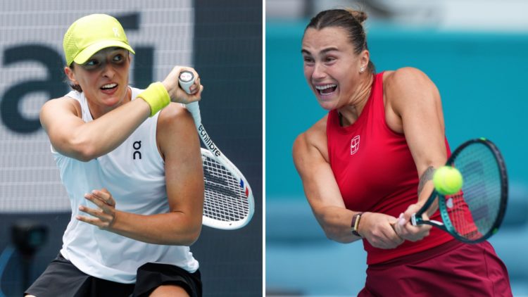 Split image of Iga Swiatek of Poland hits a forehand against Elise Mertens in the third round of the women's singles in the Miami Open at the Hard ...