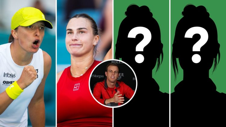Images of Swiatek, Sabalenka and two mystery women’s players with an inset of Sam Querrey