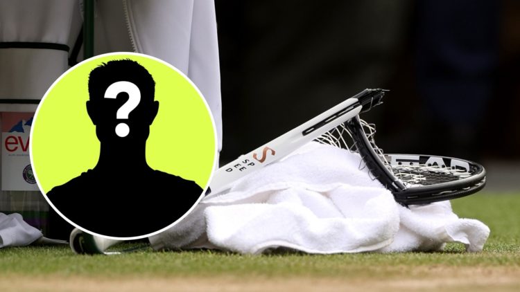 A detailed view of Novak Djokovic of Serbia's smashed racket during the Men's Singles Final against Carlos Alcaraz of Spain. Inset, a mystery player.