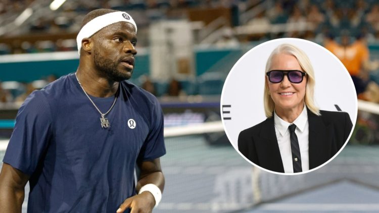 Frances Tiafoe (USA) looks on during a Miami Open match against Alejandro Davidovich Fokina. Inset, Rennae Stubbs attends Elton John AIDS Foundatio...