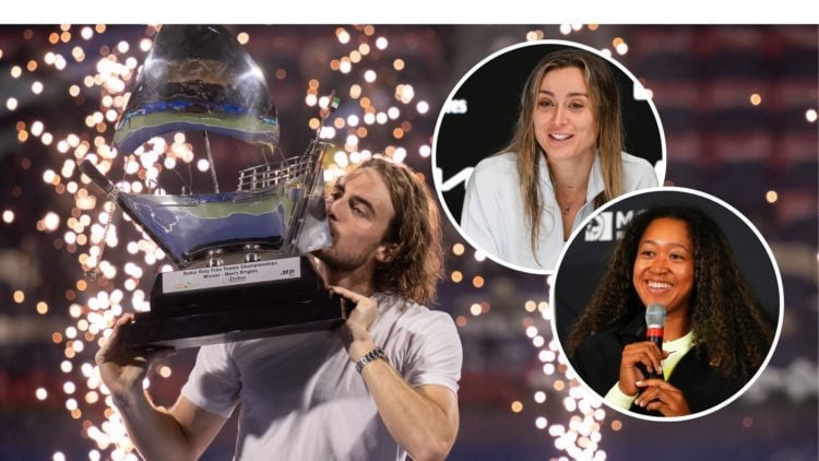 Stefanos Tsitsipas of Greece celebrates with the trophy after victory over Felix Auger-Aliassime of Canada in the final during day fourteen of the ...