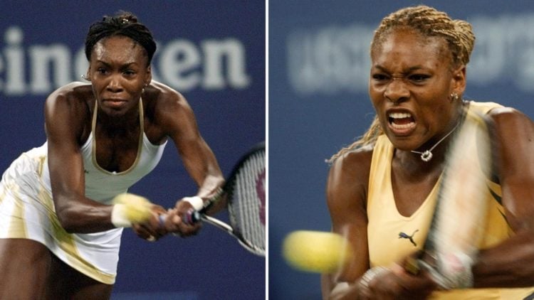 Split image of Fourth seeded Venus Williams of the US returns the volley to tenth seeded sister Serena Williams during their women's final match at...