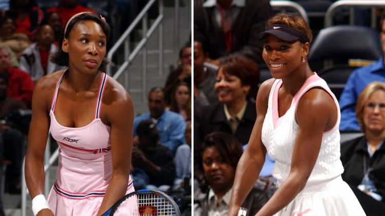 Split image of Venus Williams serves to her sister Serena during a match on the Williams Sisters Tour on December 2, 2004 at Philips Arena in Atlan...