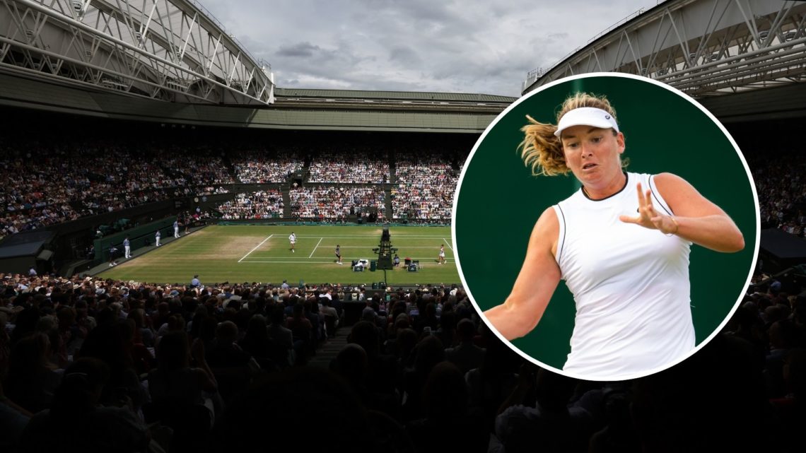 image of A general view of Centre Court Wimbledon with an inset of CoCo Vandeweghe of the United States in action against Elena Rybakina of Kazakhs...