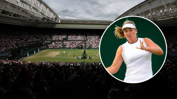 image of A general view of Centre Court Wimbledon with an inset of CoCo Vandeweghe of the United States in action against Elena Rybakina of Kazakhs...