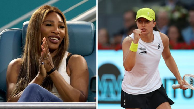 Split image of Serena Williams watches Novak Djokovic of Serbia play Lorenzo Musetti of Italy during the Miami Open Presented by Itau at Hard Rock ...