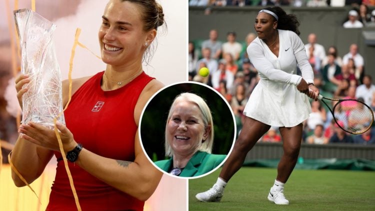 Alt Text: Left: Aryna Sabalenka with the Miami Open Trophy. Right: Serena Williams and Inset: Rennae Stubbs