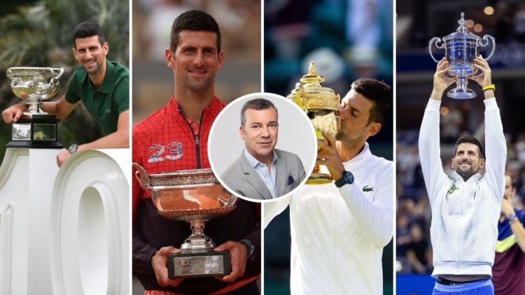 Left to Right: Djokovic with titles at Australian Open, French Open, Wimbledon and the US Open with Inset: Jon Wertheim