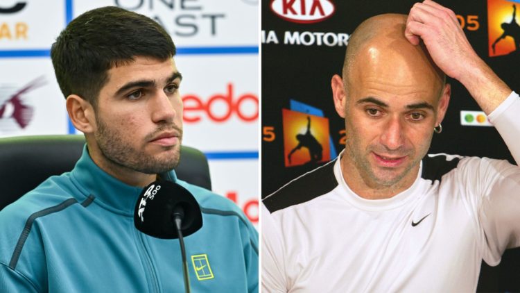 Split image of Carlos Alcaraz in 2025, and Andre Agassi in 2003, both at press conferences.