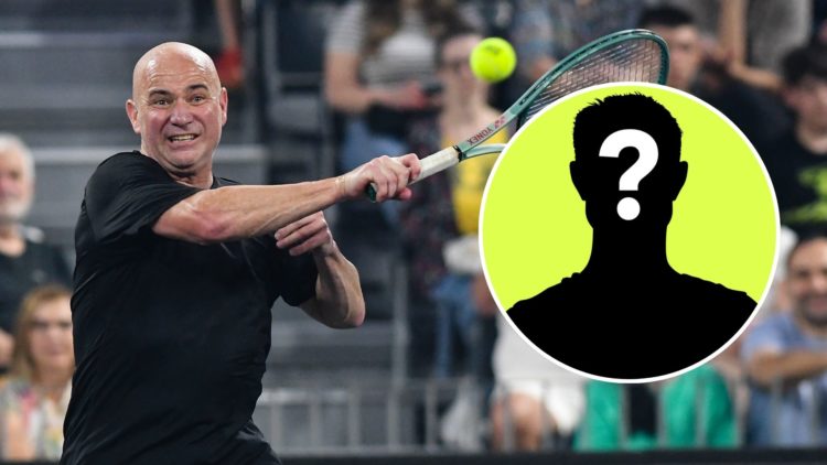Andre Agassi is in action during a tennis demo event for a sports festival. Inset, a mystery player.