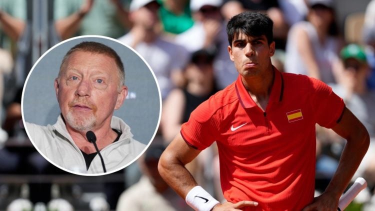 Carlos Alcaraz of Spain looks dejected and disappointed after a lost point during the Tennis Men's Single Final Gold match. Inset, Boris Becker.