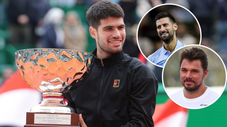 Carlos Alcaraz of Spain during the trophy ceremony following the Men's Final between Carlos Alcaraz of Spain and Lorenzo Musetti of Italy on day 8 ...
