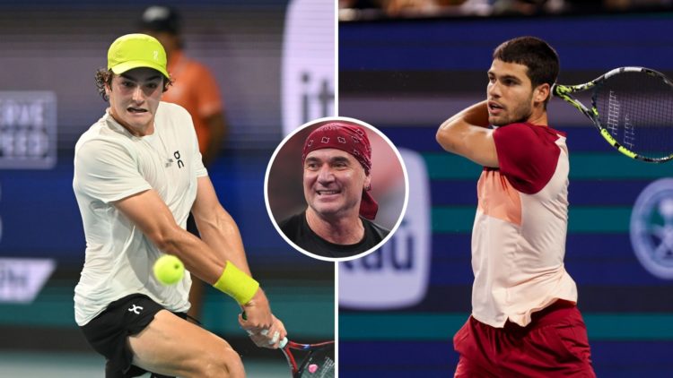 Split image with Carlos Alcaraz and Joao Fonseca. Inset, Andre Agassi.