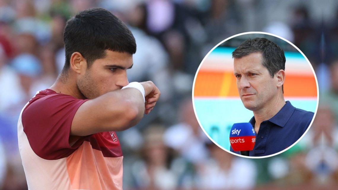 Carlos Alcaraz of Spain shows his dejection against Jack Draper of Great Britain in their Semifinal round match. Inset, Tim Henman.
