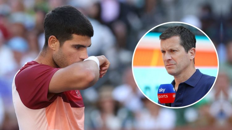 Carlos Alcaraz of Spain shows his dejection against Jack Draper of Great Britain in their Semifinal round match. Inset, Tim Henman.