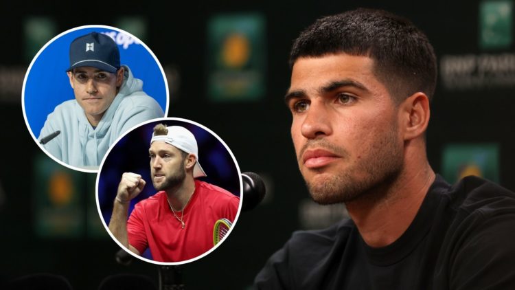 Carlos Alcaraz of Spain fields questions from the media during the BNP Paribas Open at Indian Wells Tennis Garden. Inset, John Isner and Jack Sock.