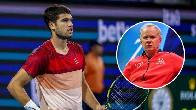 Carlos Alcaraz in action during an ATP Miami Open match against David Goffin. Inset, Patrick McEnroe, Vice-Captain of Team World, looks on during t...