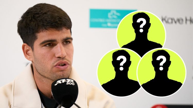 Carlos Alcaraz of Spain talks to the media during a press conference ahead of the start the Barcelona Open Banc Sabadell. Inset, three mystery play...