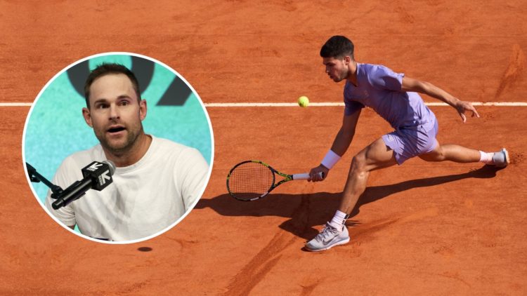Carlos Alcaraz of Spain returns the ball during his match against Daniel Altmaier of Germany in the Men's Singles Third Round Match. Inset, Andy Ro...