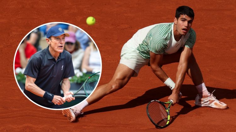 Carlos Alcaraz of Spain plays a backhand against Novak Djokovic of Serbia during the Men's Singles Semi Final match on Day Thirteen of the 2023 Fre...