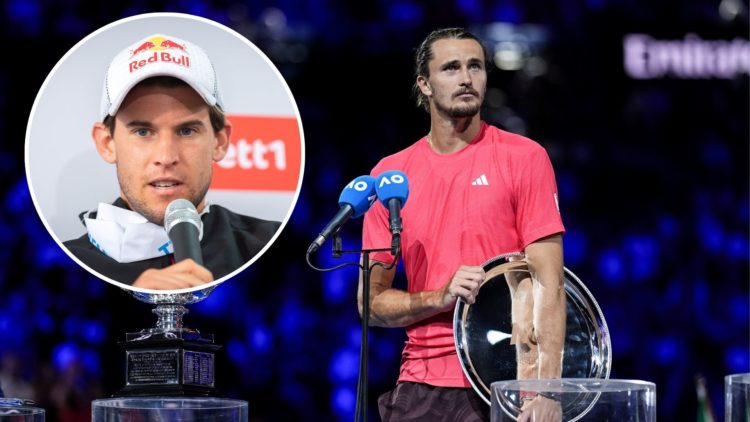 Alexander Zverev of Germany poses with the runner up trophy on the podium after the Men's Singles Final match against Jannik Sinner of Italy during...