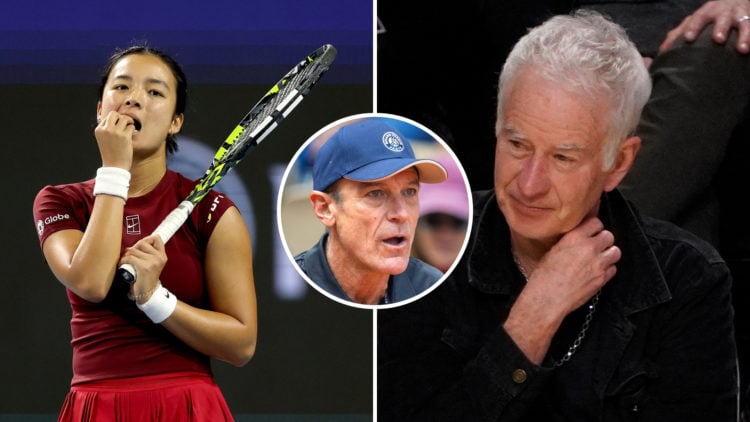 Split image of Alexandra Eala of Philippines reacts to a lost point late in the third set against Jessica Pegula of United States during the Miami ...