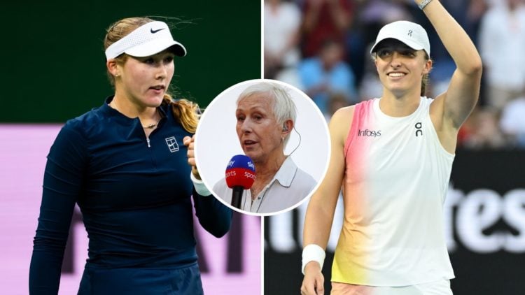 Split image of Mirra Andreeva at the 2025 Indian Wells and Iga Swiatek at the 2025 Australian Open with an inset of Martina Navratilova