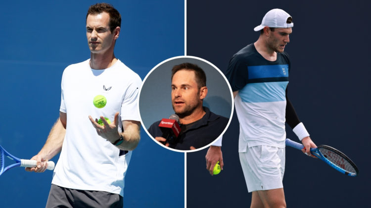 Split image of Novak Djokovic's coach Andy Murray looks on during a practice session on Day 3 of the Miami Open at Hard Rock Stadium on March 20, 2...