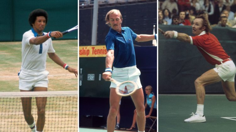 Three-way split image of Arthur Ashe, Stan Smith, and Rod Laver.
