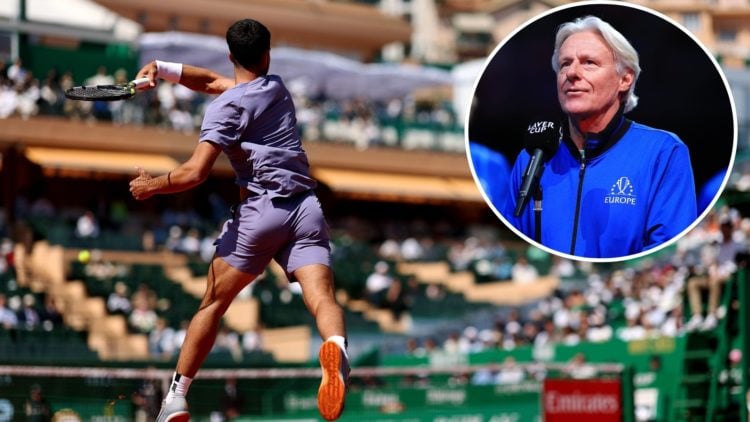Carlos Alcaraz of Spain plays a forehand in his match against Daniel Altmaier of Germany during day five of the Rolex Monte-Carlo Masters at Monte-...