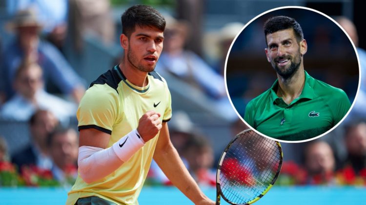 Carlos Alcaraz of Spain celebrates a point during his match against Jan-Lennard Struff of Germany during their Men's Singles Round of 16 match on D...