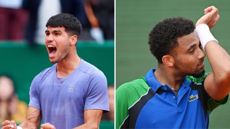 Split image of Carlos Alcaraz of Spain celebrates his victory against Francisco Cerundolo of Argentina following the Men's Singles Second Round Mat...