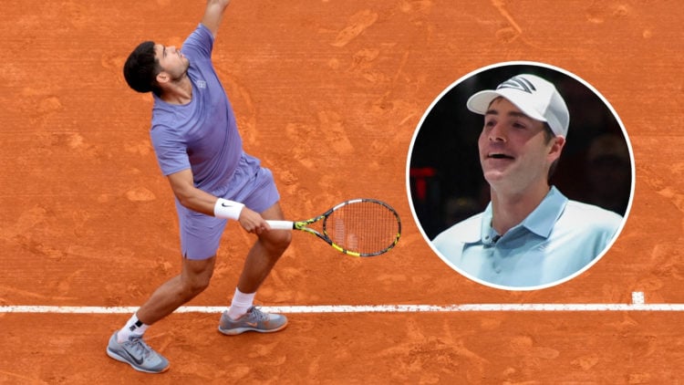Carlos Alcaraz of Spain serving on court during the Rolex Monte-Carlo Masters 2025 with an inset of John Isner celebrating a point during Picklebal...