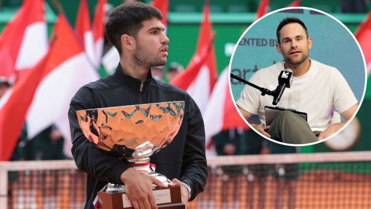 Carlos Alcaraz of Spain during the trophy ceremony following the Men's Final between Carlos Alcaraz of Spain and Lorenzo Musetti of Italy on day 8 ...