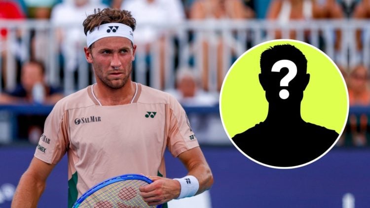 Casper Ruud reacts in a game against Francisco Cerundolo (ARG) at the Miami Open. Inset, mystery player.