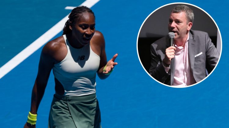 Coco Gauff of the United States looks dejected against Sofia Kenin of the United States in the Women's Singles First Round match during day two of ...