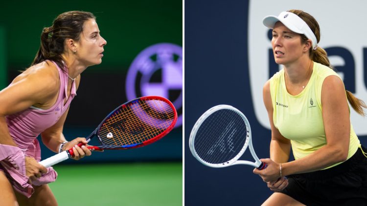 Split image of Danielle Collins and Emma Navarro, both in action on the court.