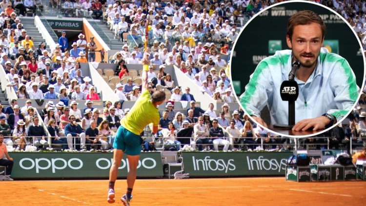 A general view of Rafael Nadal of Spain serving against Casper Rudd of Norway during the Singles Final for Men on Court Philippe Chatrier at the 20...