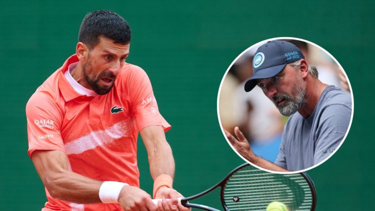Novak Djokovic of Serbia plays a backhand in his match against Alejandro Tabilo of Chile in the Men's Singles Second Round Match. Inset, Goran Ivan...