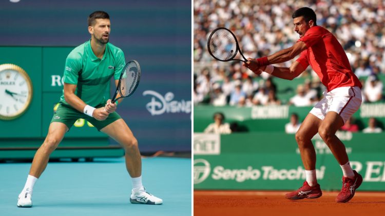 Split image of Novak Djokovic playing on a hard court and him playing on a clay court.