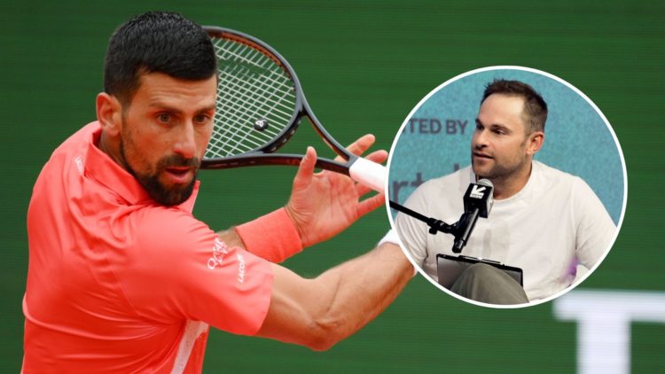 Novak Djokovic of Serbia plays a backhand during his match against Alejandro Tabilo of Chile in the Men's Singles Second Round Match. Inset, Andy R...